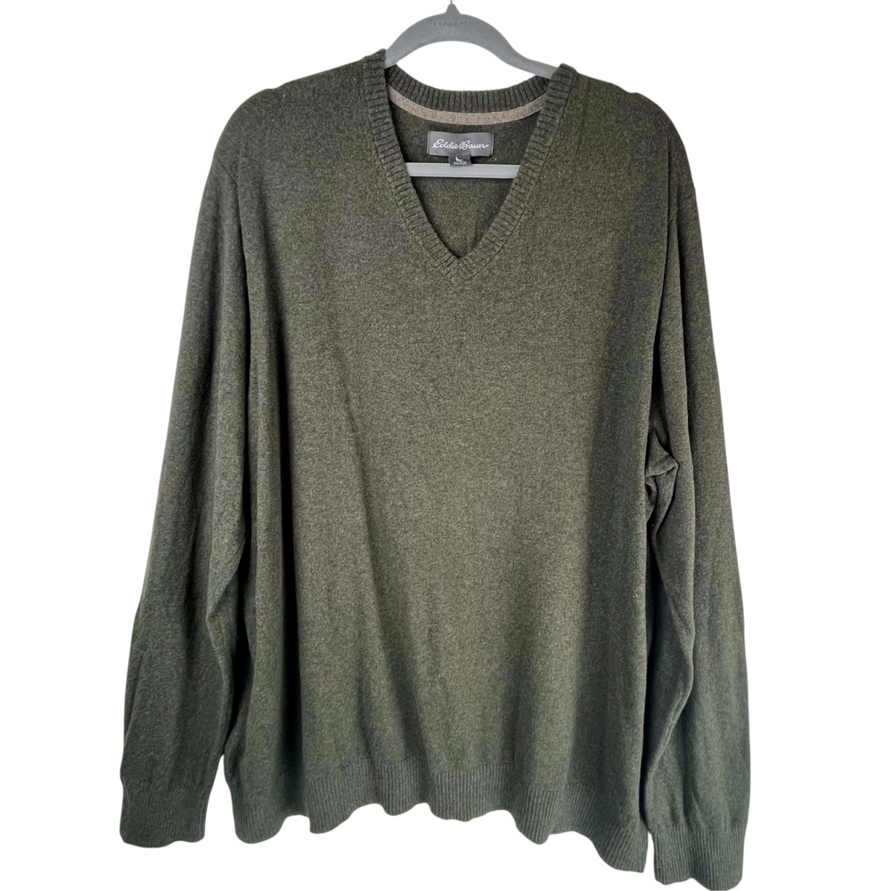 Eddie Bauer Mens 2XL Olive Green Cotton Merino Wool V-Neck Pullover Sweater